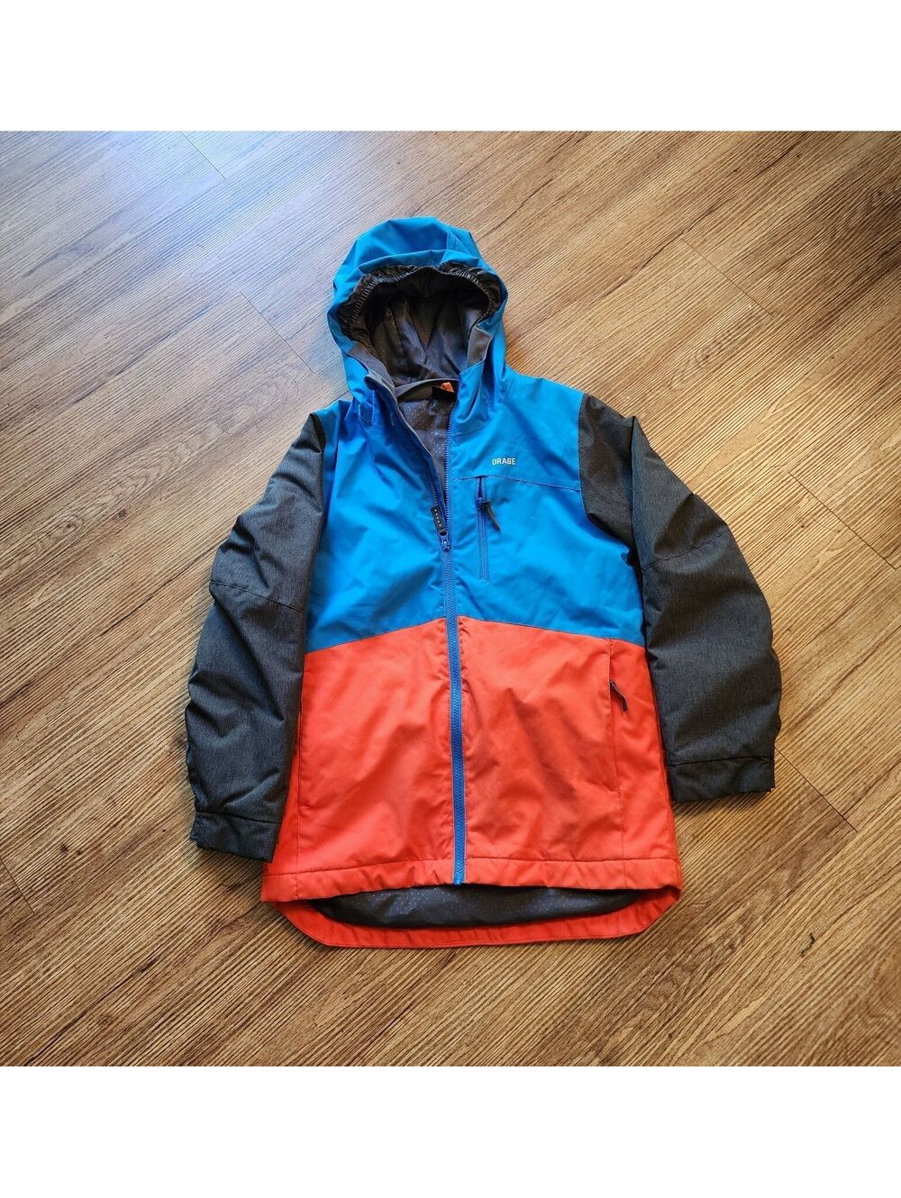 Size 12 Orage Boys' Colorblock Hooded Ski Jacket Size 12 - Blue, Red, and Gray